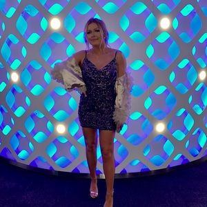 short navy and rose gold cocktail dress